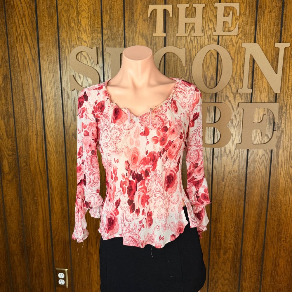 Angie Blouse Women M Pink Floral Ruffle Bell Sleeve Fairy Y2K Boho Cotton Top
